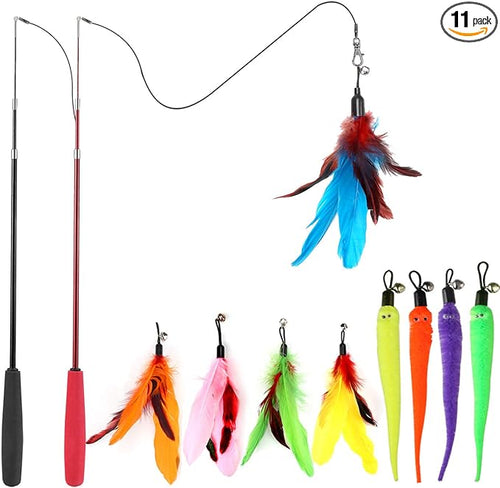 MeoHui Cat Toys for Indoor Cats, Interactive Cat Toy 2PCS Retractable Wand Toy and 9PCS Cat Feather Toys Refills, Funny Kitten Toys Cat Fishing Pole Toy for Bored Indoor Cats Chase and Exercise